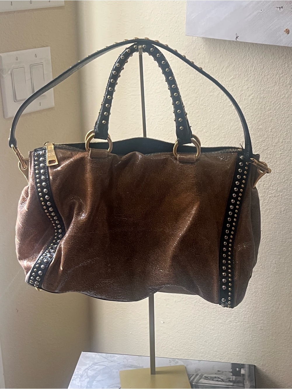 Authentic Prada Stud-Trim Brown Leather Tote Bag - Picture 9 of 15